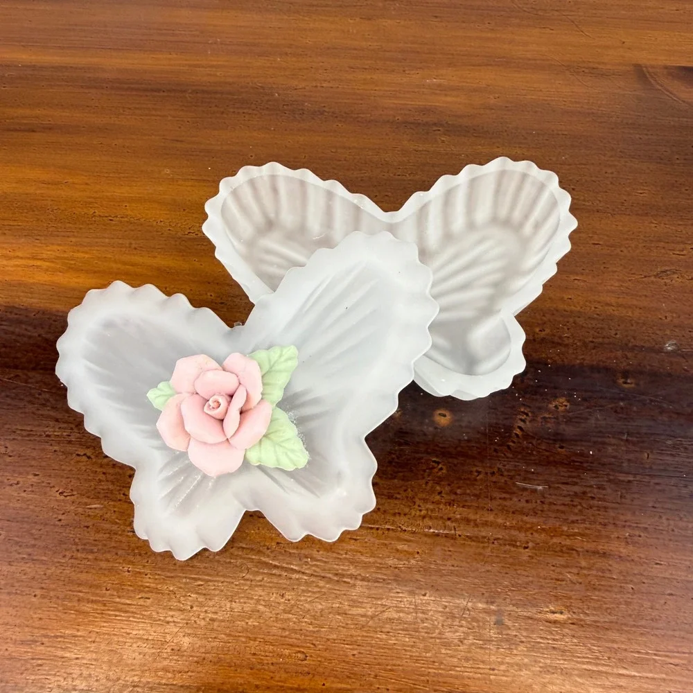 Vintage Frosted Glass Butterfly Trinket Box with Pink Porcelain Rose Lid